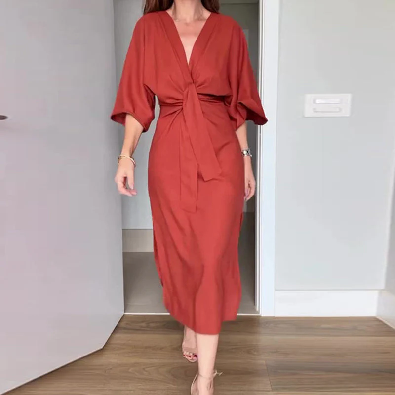 💃Women’s Elegant Waist Tie Side Slit V-Neck Dress - Image 11