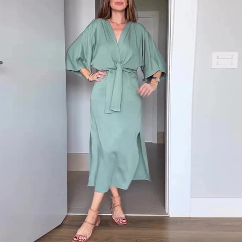 💃Women’s Elegant Waist Tie Side Slit V-Neck Dress - Image 12