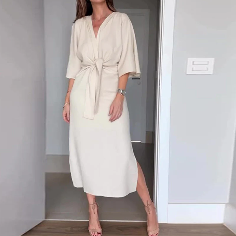 💃Women’s Elegant Waist Tie Side Slit V-Neck Dress - Image 13