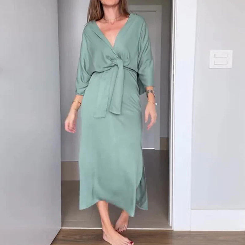 💃Women’s Elegant Waist Tie Side Slit V-Neck Dress - Image 5