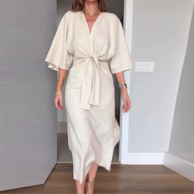 💃Women’s Elegant Waist Tie Side Slit V-Neck Dress - Image 6