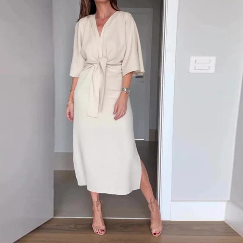 💃Women’s Elegant Waist Tie Side Slit V-Neck Dress - Image 7
