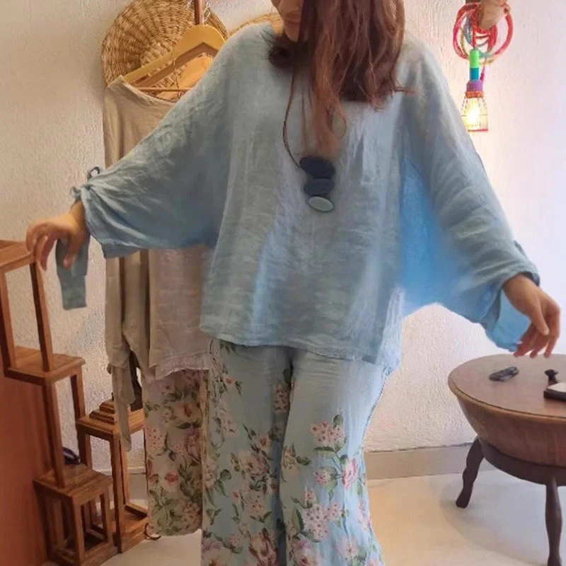 💐Women's Loose Fit Blouse & Floral Printed Wide-Leg Pants Set - Image 2