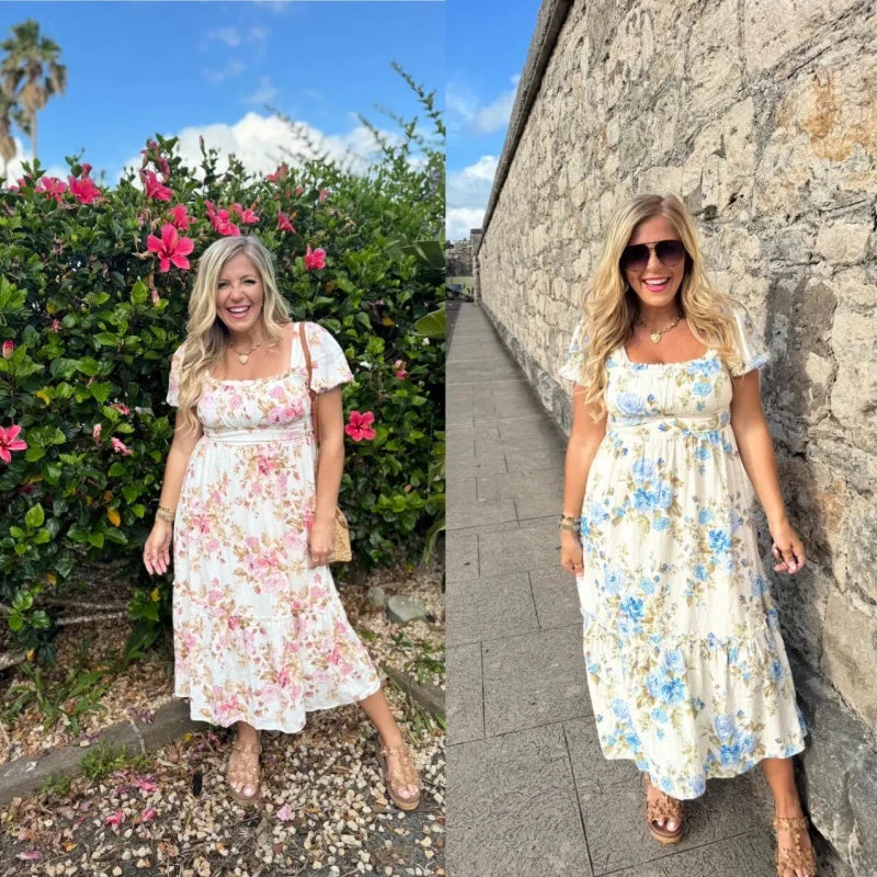 💃Summer Specials🎨Women's Printed Square Neck Pleated Short Sleeve Dress - Image 6