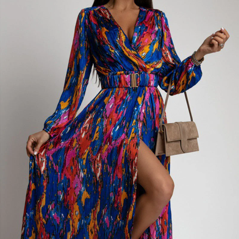 Women's Printed Long Sleeve V-Neck Split Dress - Image 5