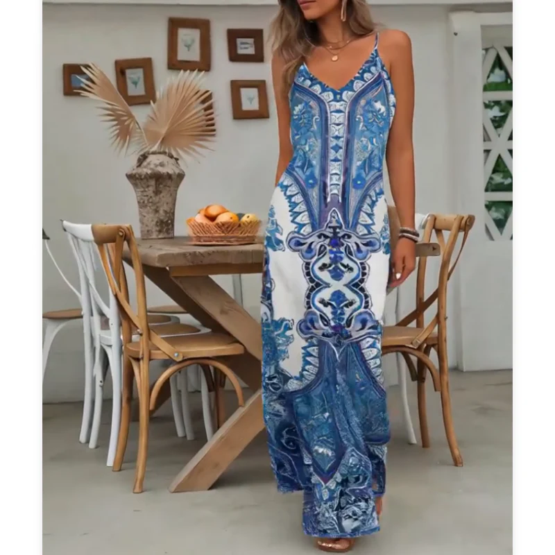 👗Women’s Retro Print V-Neck Sleeveless Maxi Dress - Image 2