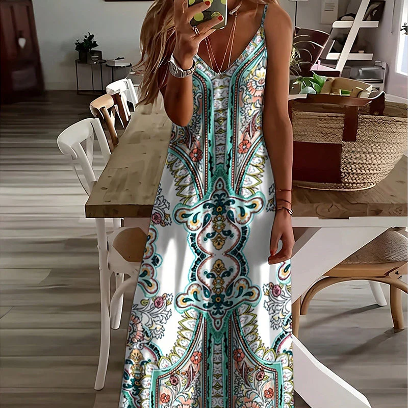 👗Women’s Retro Print V-Neck Sleeveless Maxi Dress - Image 4