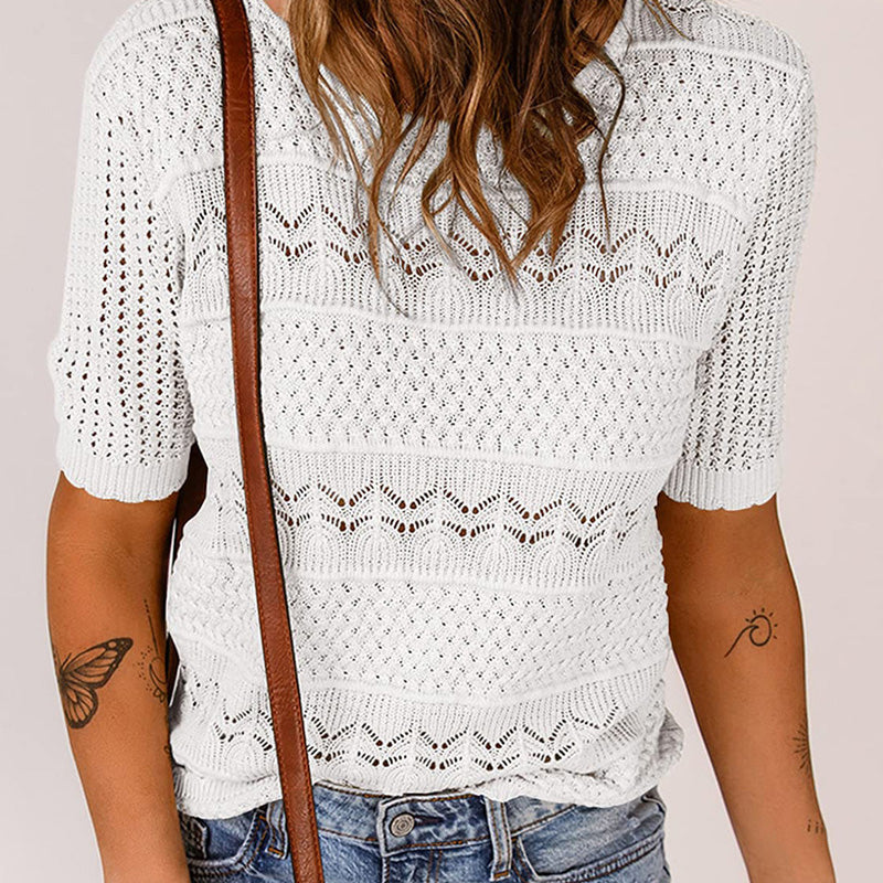 🎉This week's Special Sales - 49% OFF✨Women's Round Neck Hollow Knit Crochet Short Sleeve Sweater - Image 9