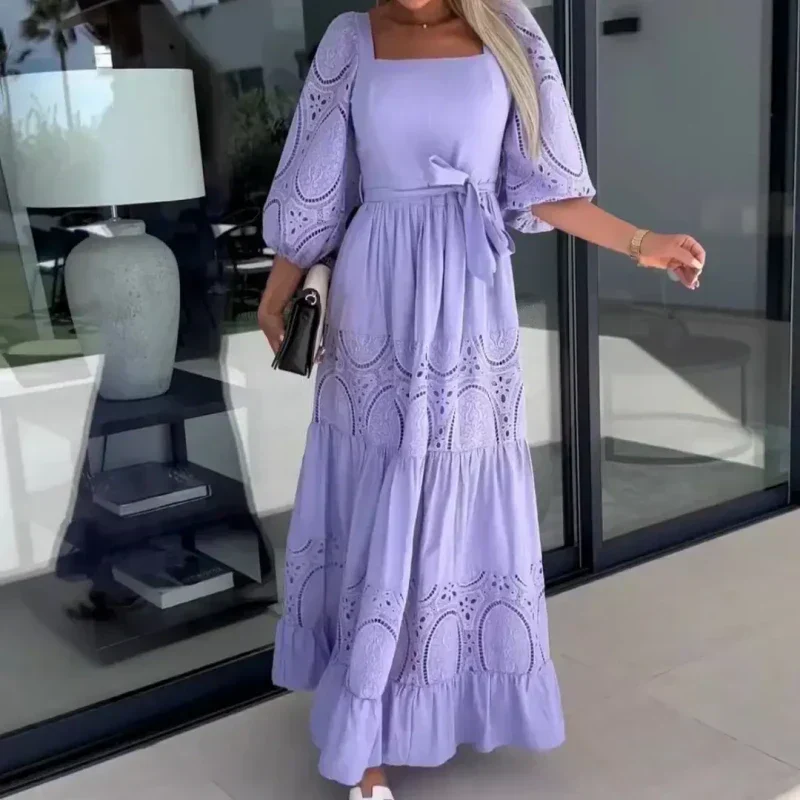 💖Women’s Trendy Patchwork Tie Waist Square Neck Long Dress - Image 7