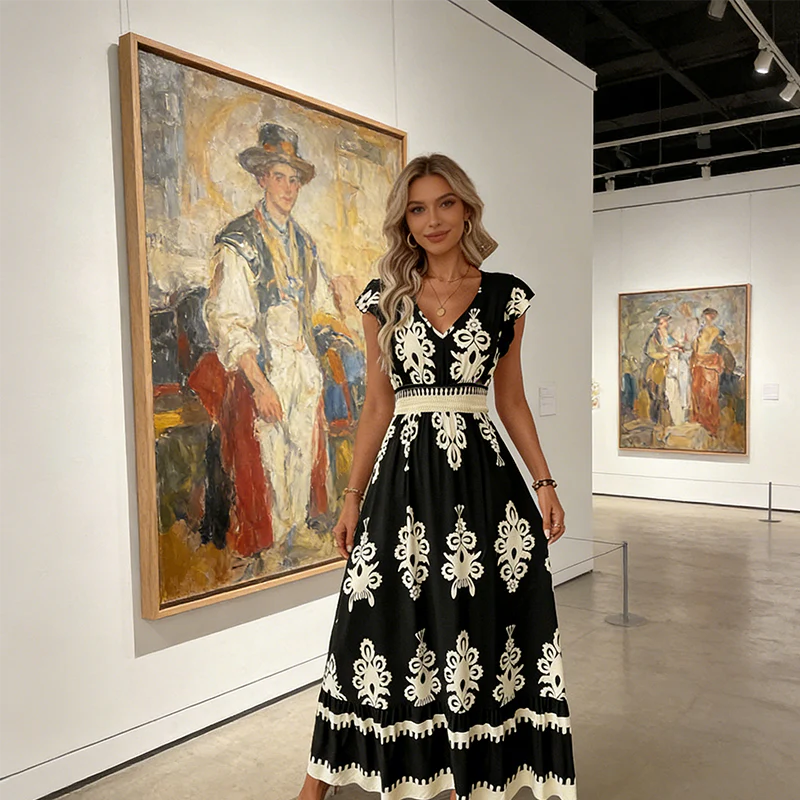 👗New arrival 40% OFF!🏖️Women's V-Neck Baroque Print Flowy Maxi Dress - Image 9